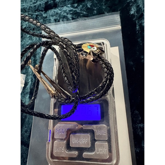 Sterling Silver Zuni Sun Face Native American Turquoise Coral Bolo Tie Slide - Picture 9 of 9